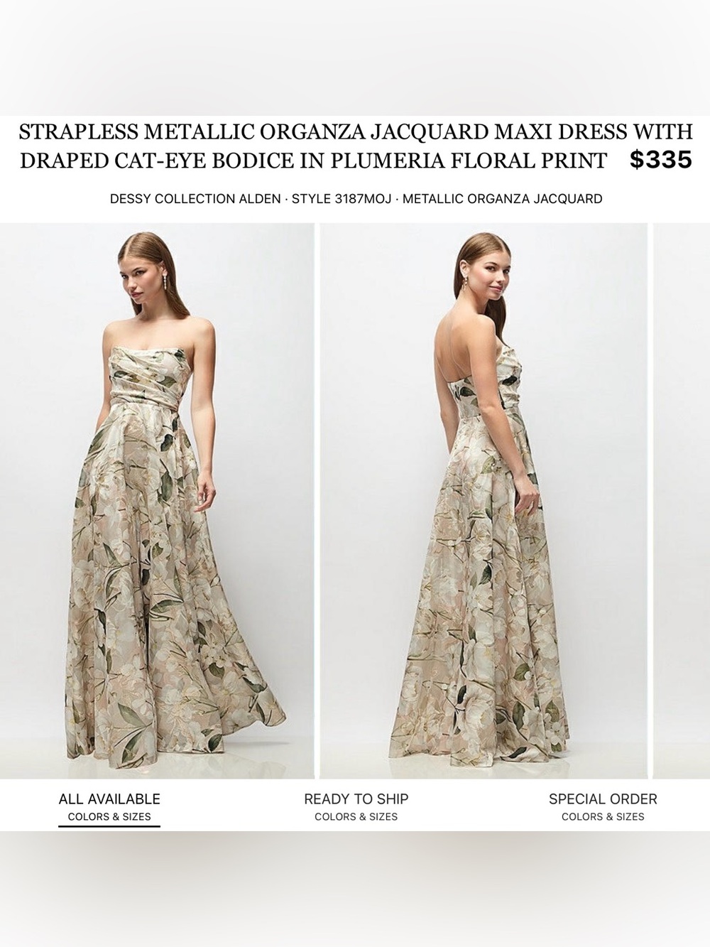 Dessy Collection Strapless Floral Metallic Organza Maxi Dress - Neutral, Green